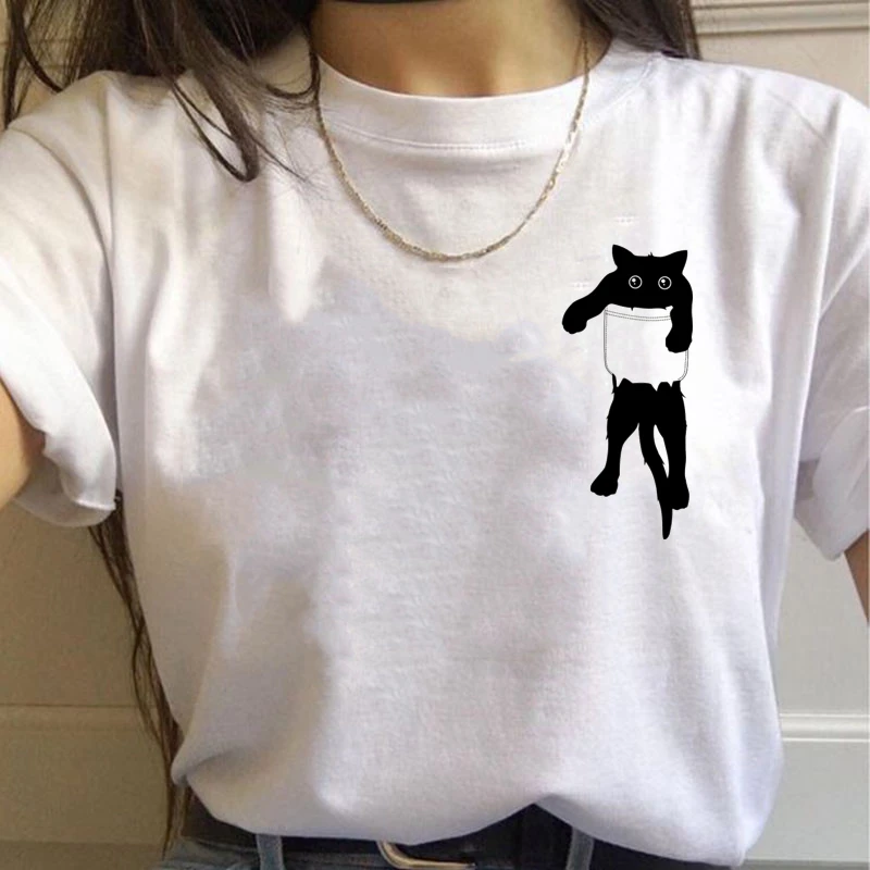 Simples, Bonito Mulheres t-shirt de Verão Oversized t-shirt Engraçada Bolso Desenhos animados Imprimir camisetas Casual manga Curta-O-Tops com decote em Tees