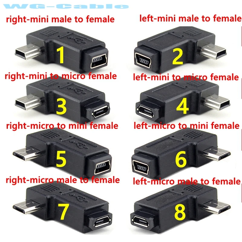 90 Graus para a esquerda+direita Ângulo Adaptador micro USB Tipo A B macho para mini USB fêmea