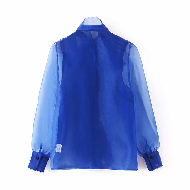 Manga Longa Elegante Azul Transparente Camisa Feminina Botão Blusa Túnica Elegante Arco Gola Mulheres Sólido Blusa Elegante Top De Organza