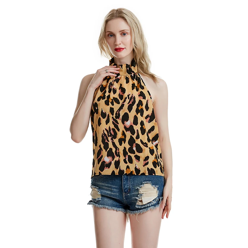 Sexy Off Ombro Leopard Blusas De Chiffon Mulheres Tops De Verão 2021 Leopard Impressão Casual Sem Encosto Blusa Sem Mangas
