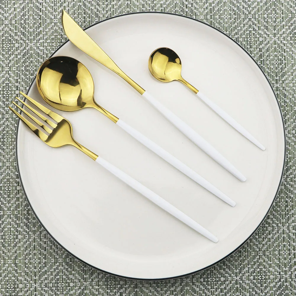 6Pcs Ouro Branco de Mesa de Talheres de Aço Inoxidável Minimalis Dinnerwaret Gelo Colher de Bolo Garfo Pauzinhos Sobremesa, Talheres de Cozinha