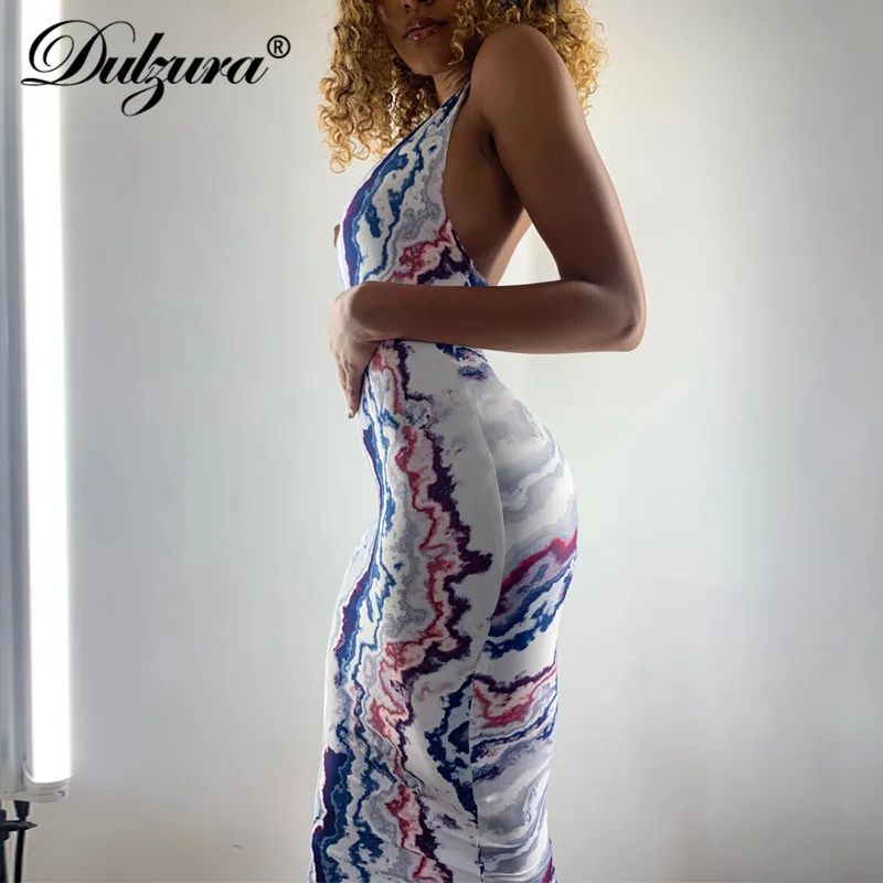 Dulzura Tie Dye Impressão Mulheres Halter Vestido Midi Sem Encosto Bodycon Sexy Streetwear Parte Do Clube Elegante 2021 Roupas De Verão Slim