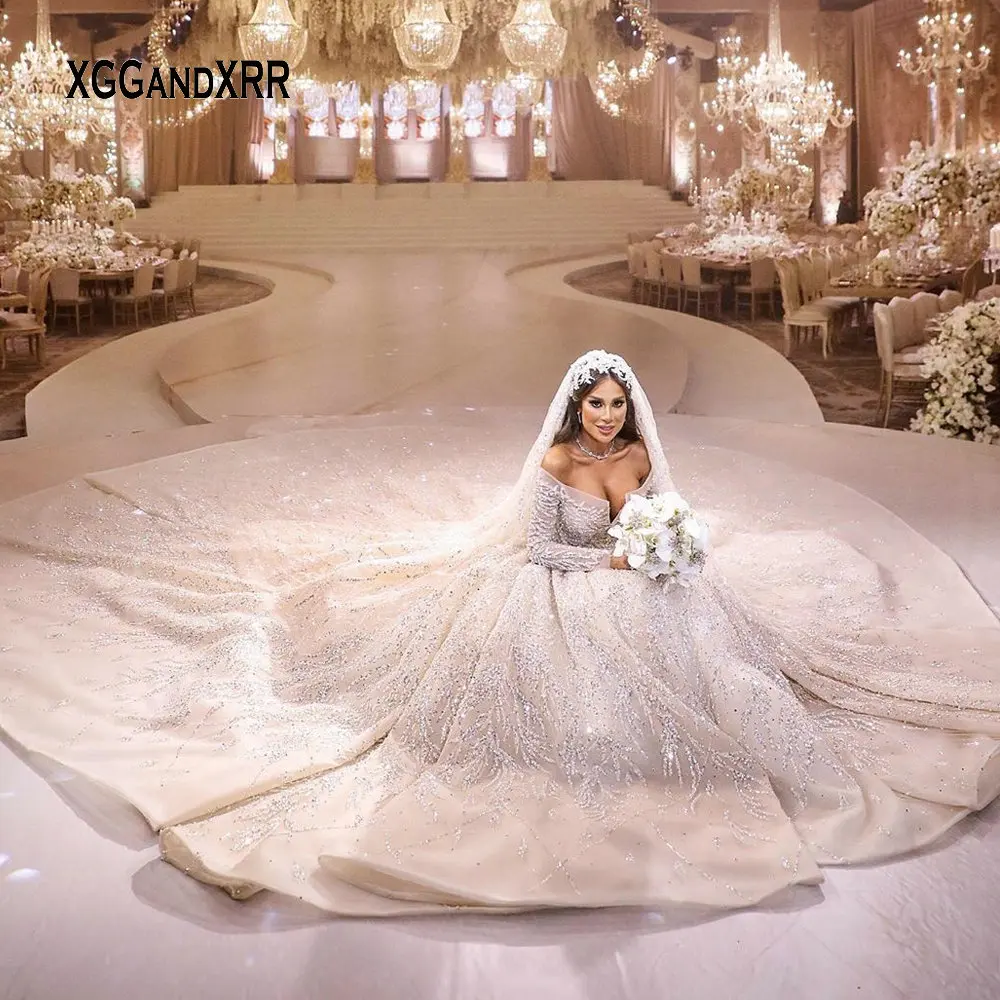 Luxo Real De Trem Bola Vestido De Casamento Vestido De 2021 Vestido De Noiva Beading Cristal Acendendo Dubai Vestido De Noiva Feito De Grande Tamanho