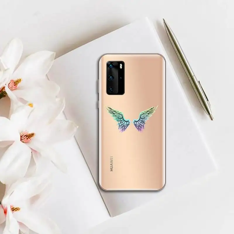 Anjo de asas coloridas penas de Telefone preto Case Transparente para o huawei honor P 40 30 20 lite Pro 10 8 9 x p inteligente 2019