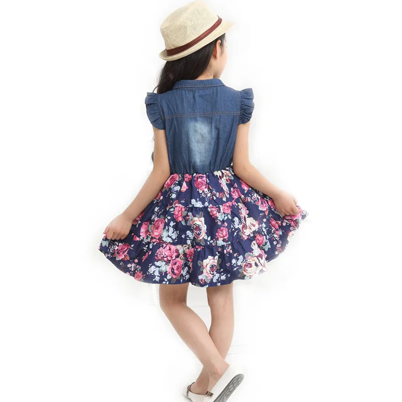2021 Meninas Jean Casual Princesa Vestidos Jeans Floral Do Vestido Da Menina De Verão Laço De Flores De Manga Curta Crianças