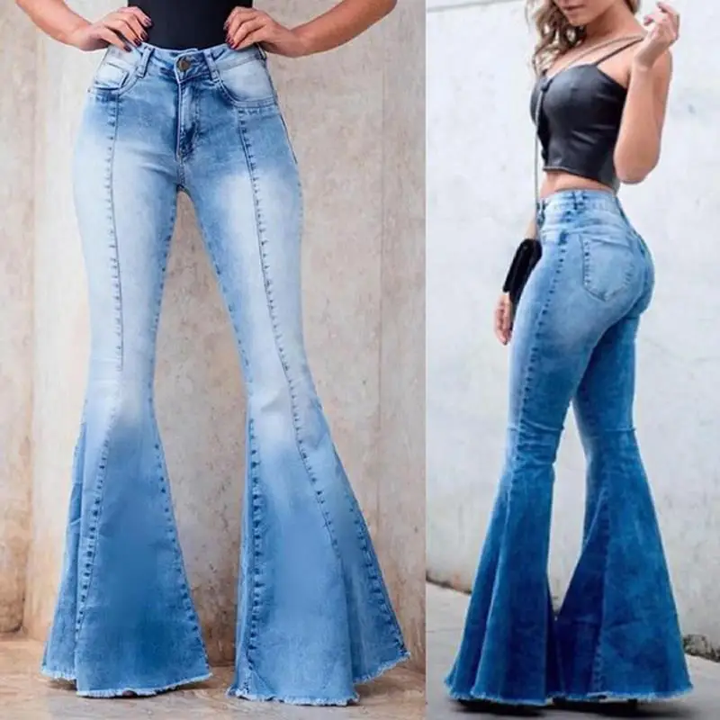 Cintura Alta Jeans Para Mulheres De Comprimento Total Calças Flare