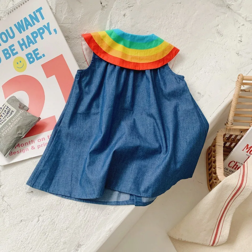 2021 Novas Crianças Jeans Arco-Íris Dos Desenhos Animados Do Vestido De Verão, O Desgaste Ocasional Do Bebê Vestido
