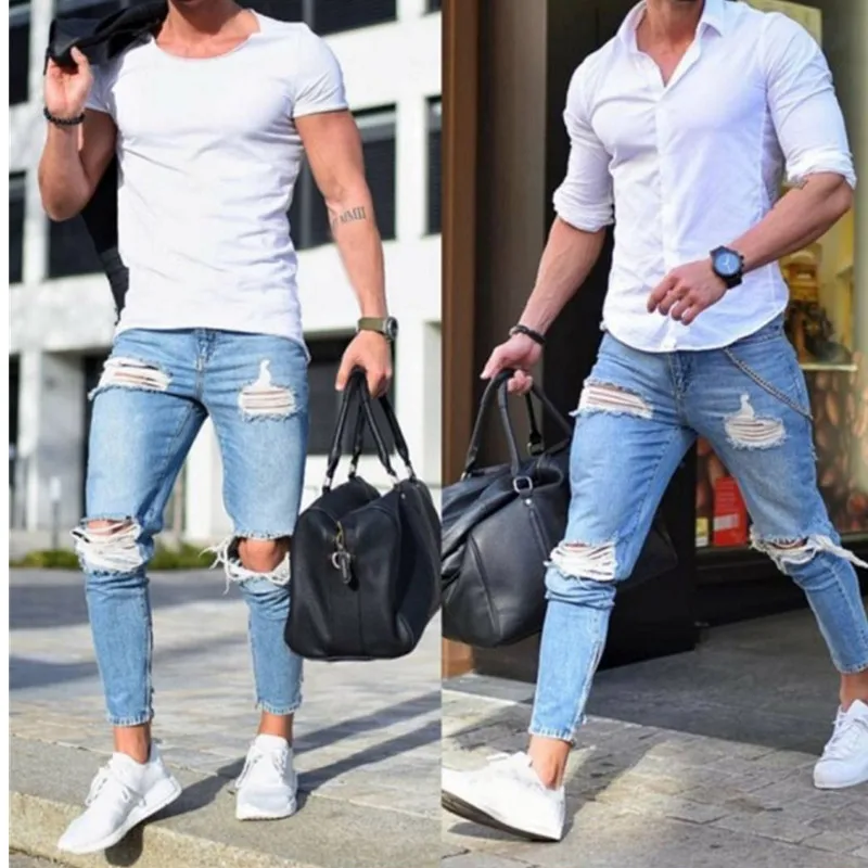 2021 uma calça Jeans Nova para os Homens Angustiado Trecho Rasgado Motociclista calça Jeans Homens Hip Hop Slim Fit Buracos Punk calças Jeans Calças de Algodão Zíper do jeans