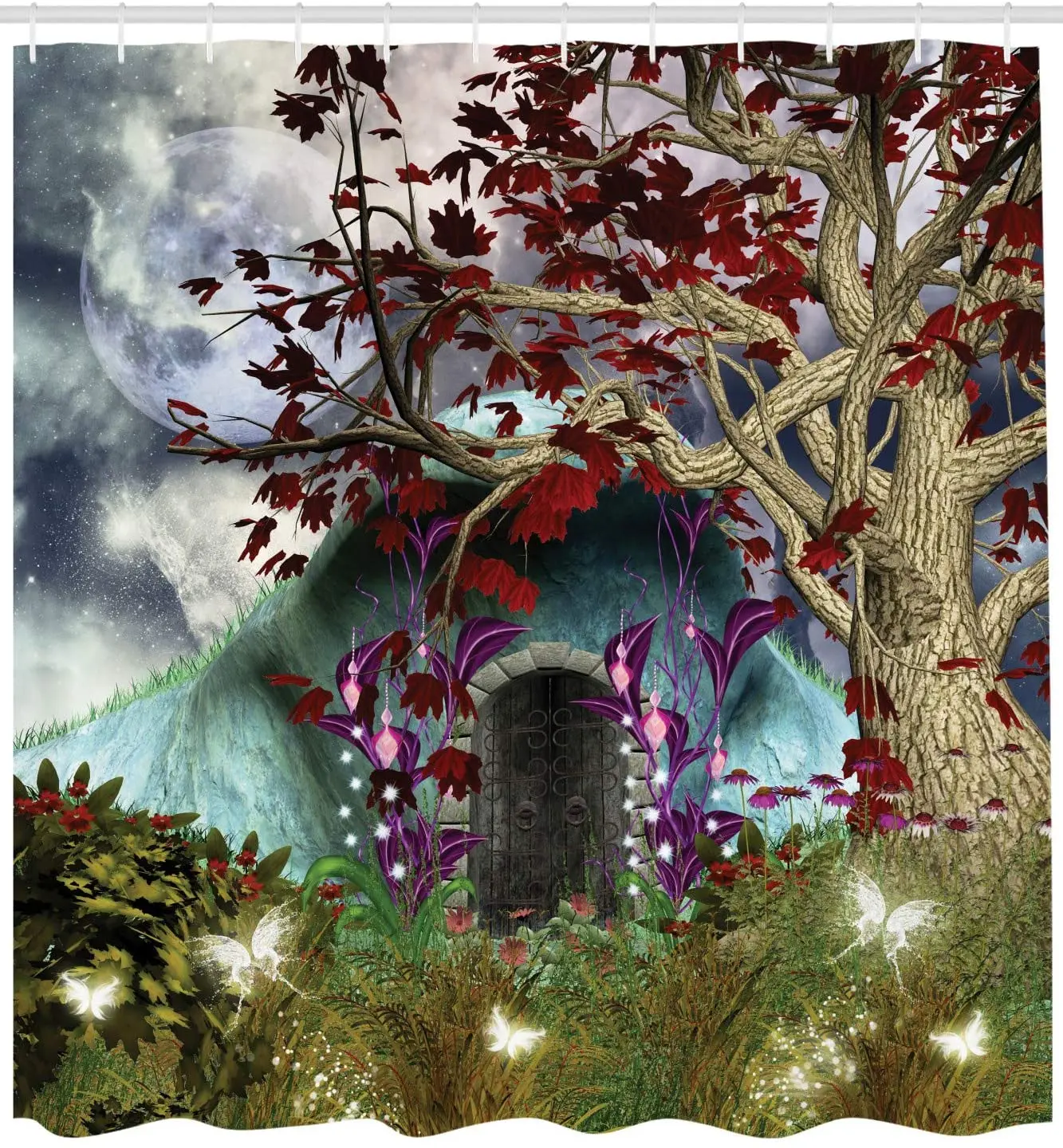 Mística Árvore Anime Lua de Arte Digital da Porta de Madeira no Jardim encantado Decoração do Banheiro