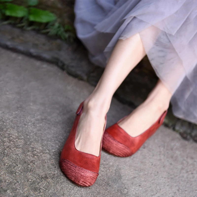 Artmu Original de Salto Grosso Sapatos de Cunhas de Sandálias Para as Mulheres 5.5 cm Calcanhar Fechado do Dedo do pé Sandálias de Couro Genuíno Vestido Vermelho e Sapatos