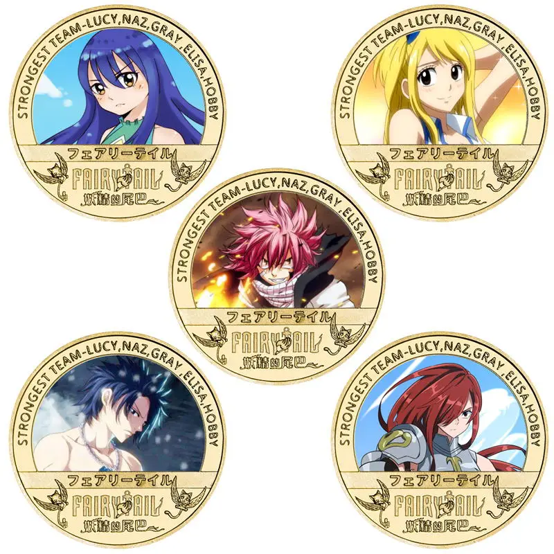 WR 5pcs Japonês de Anime de Fairy Tail Banhado a Ouro Moedas Colecionáveis com Caixa Desafio de Moeda Original de Anime Presentes para Crianças