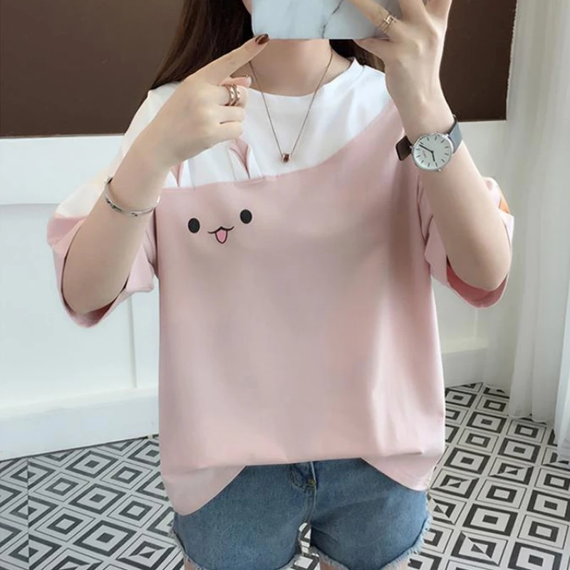 футболка оверсайз Mulheres T-Shirt Branca, cor-de-Rosa coreano Roupas de Menina Kawaii T-Shirt Solta O Pescoço de Moda Camiseta de Verão 2021 Novo Topo