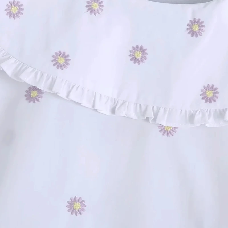 Verão As Mulheres Bordado De Flores Gola Peter Pan Camisa Branca Feminina Manga Curta Blusa Casual Senhora Solta Tops, Blusas S8917