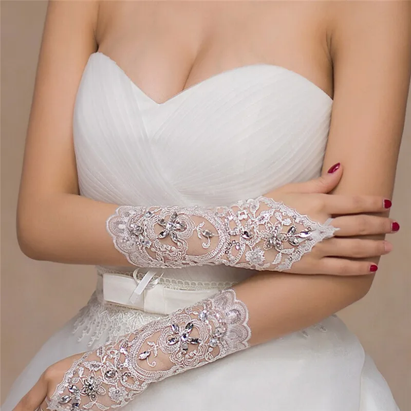 1 Par Branco Marfim Mulheres Sem Dedos De Noiva, Luvas Elegante Curto Parágrafo Strass Laço Branco Luva De Acessórios Do Casamento