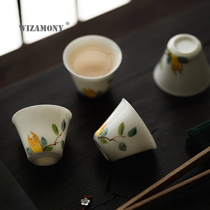 WIZAMONY branco de cerâmica pintados à mão xícara de chá de cheiro xícara de porcelana branca artesanal de kung fu de chá de mestre único copo de chá tigela