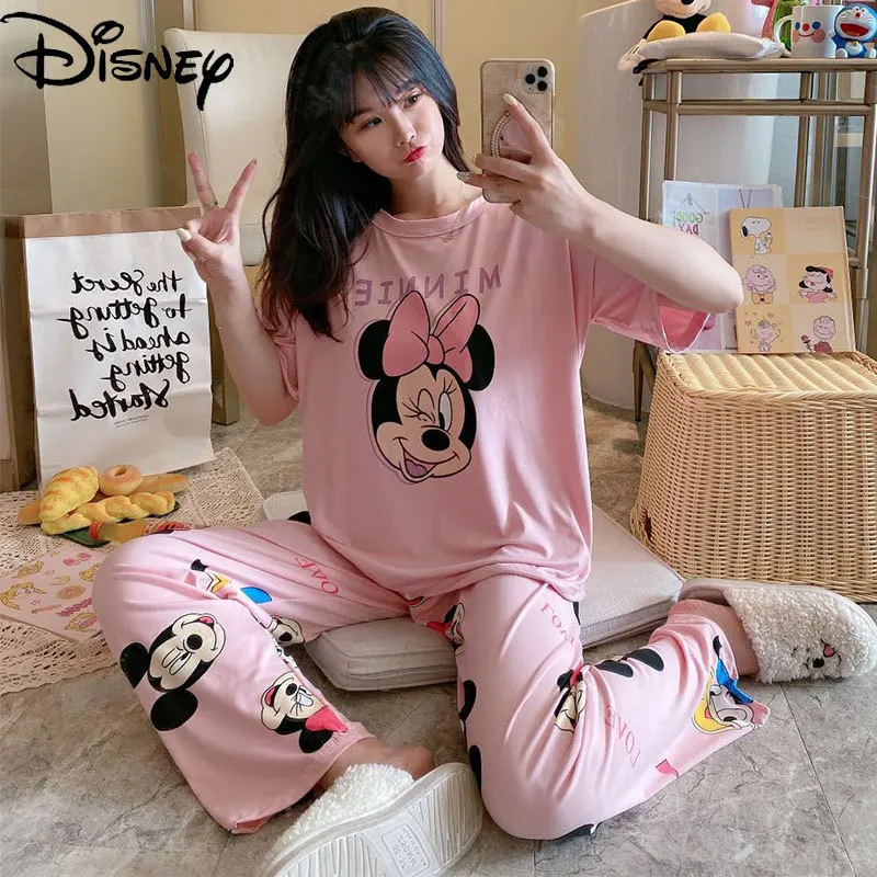 Original Disney do Minnie do Mickey de Leite de Seda do Pijama Curto da Luva das Mulheres Calças Sweet Home do Conjunto de Serviços do Pijama Conjunto de Mulheres