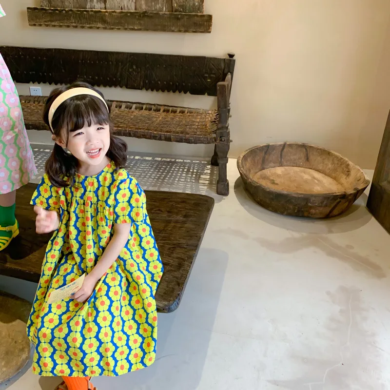 Verão 2021 Meninas de moda floral de manga curta, vestidos da menina do bebê do algodão solto vestido longo roupa das crianças