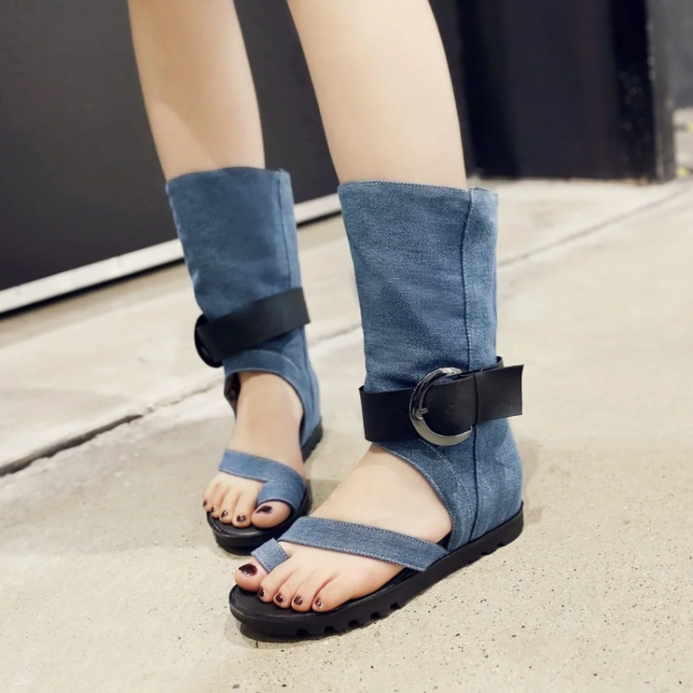 Mulheres Sandálias de Cowboy Tornozelo em Fivela do Cinto de Verão Gladiador Tanga de Dedo do pé de Jeans Sandálias Sapatos Plus Size 3Colors G13