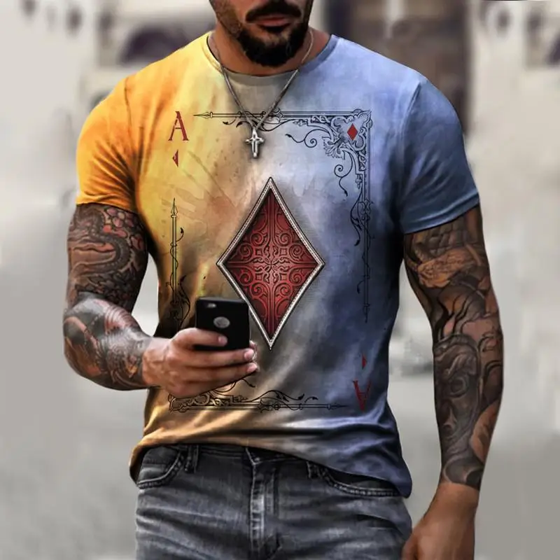 2021 verão nova de moda masculina de poker impressão retro rua moda casual, gola redonda, manga curta slim top T-shirt xxs-6xl
