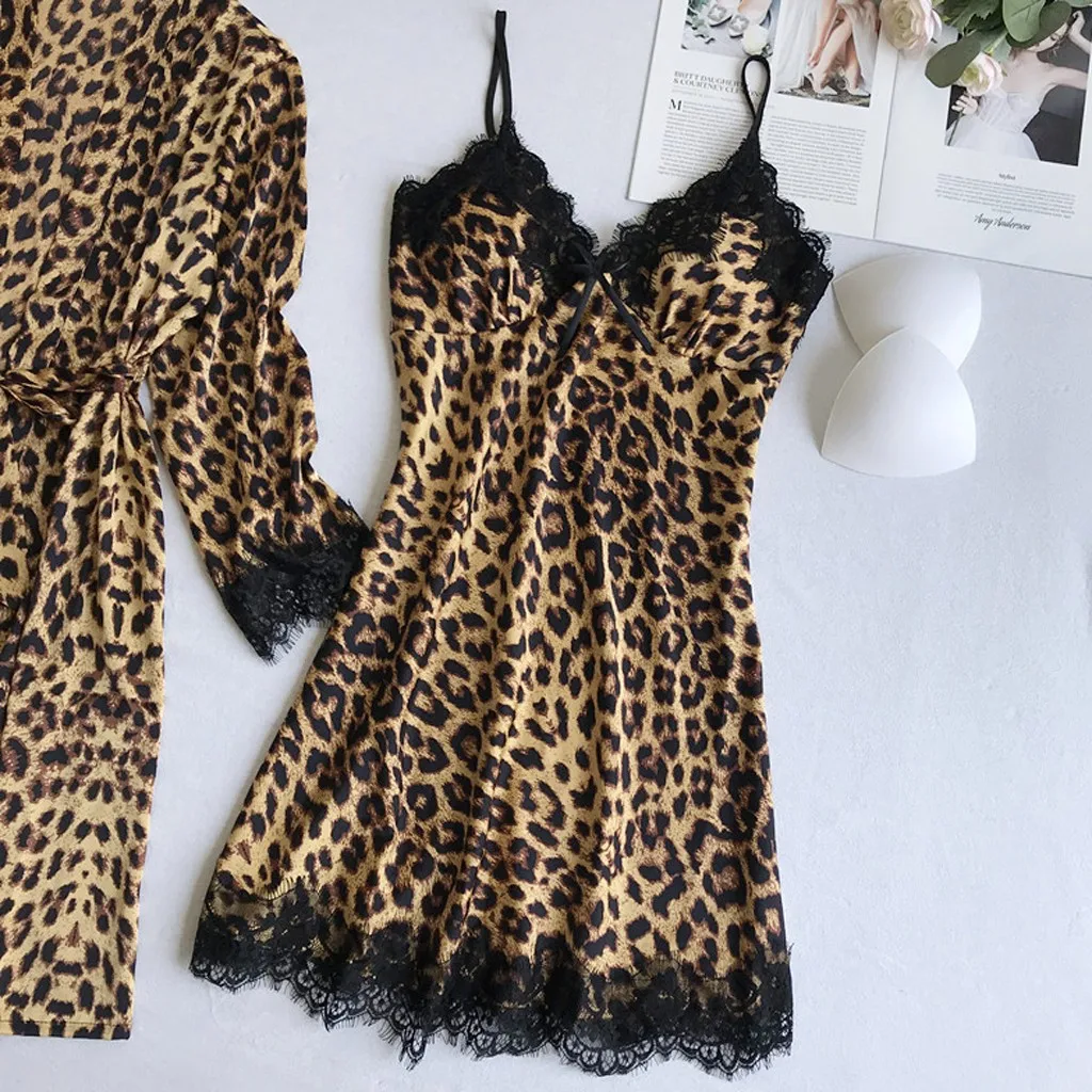 Leopard Impresso Casamento Manto Conjunto de roupa de dormir Casual, Íntima, Lingerie, Camisola Nightdress Casa Suave Roupas de Noite Vestido PÉS