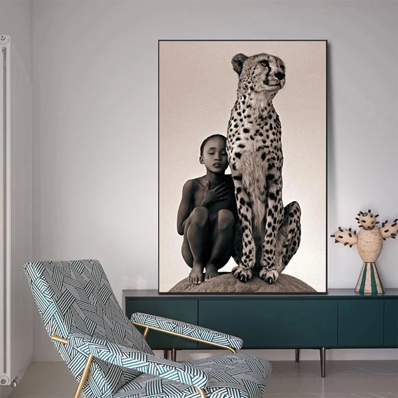 Decoração moderna Cartaz Menino Negro e Um Guepardo Tela de Pintura Selvagem Animal Africano Pôster e Impressão de Arte de Parede de Imagem para a Decoração Home