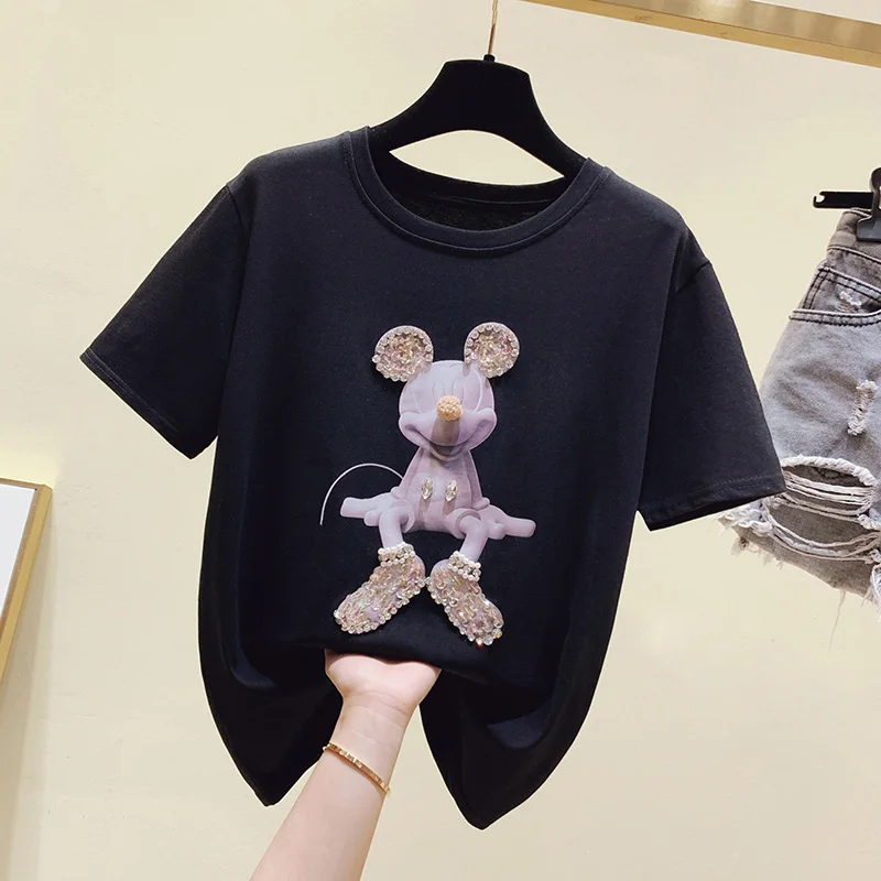 Verão senhoras T-shirt do Mickey Mouse Bonito Gráfico T-shirt Casual O-pescoço Funny T-shirt de Contas da Moda, Solta a Metade Superior da Manga