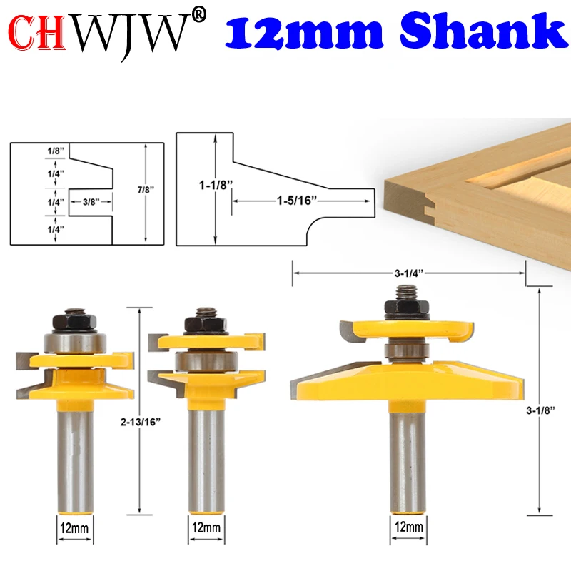 CHWJW 12mm Haste do Agitador de 3 Bits de painéis de Porta de Armário do Roteador Conjunto de Bits com Back-cortador de Painel de Arrecadação