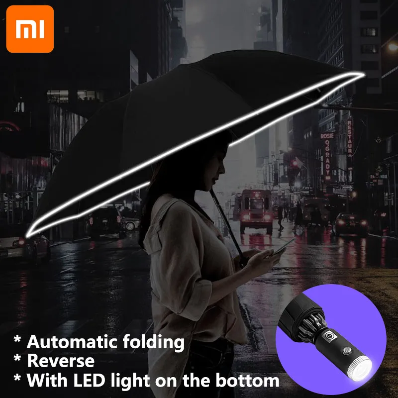 Xiaomi NOVO Com luz LED Automático de Guarda-chuva Dobrável Na parte Inferior Ensolarado Chuvoso Bumbershoot Alumínio à prova de água Inversa Guarda-chuva