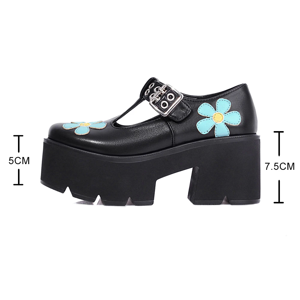 T Cinto De Fivela De Coração Gothic Lolita Sapatos Para As Mulheres Patente De Couro Preto Plataforma Chunky Calcanhar Mulheres Bombas Japonês Harajuku