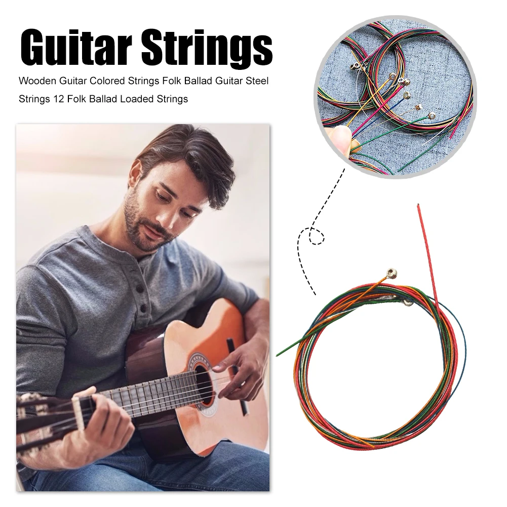 6/12pcs Conjunto de Cordas de Guitarra Colorido Guitarra Cadeia de E-Um para o Folk Acústico de Violão Clássico, Peças, Acessórios