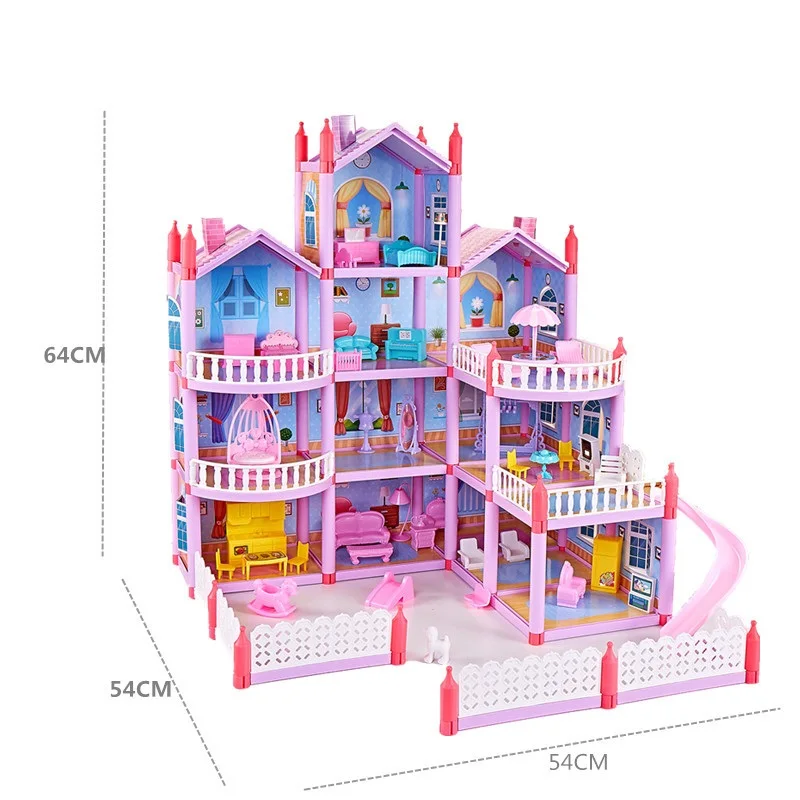 A princesa casa Grande DIY Dollhouses cor-de-Rosa do Jogo do Castelo Casa Com apresentação de Quintal Kit Montado Casa de bonecas Brinquedos Para Meninas Presentes das Crianças