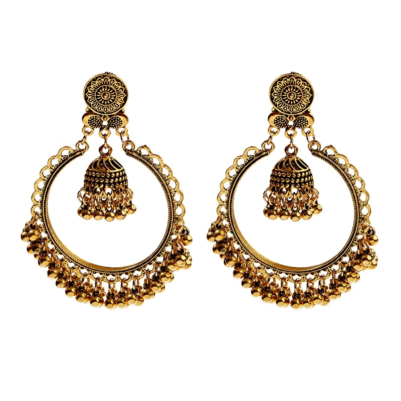 Clássico Retro Grande Ronda de Ouro Esculpida Indiano Jhumka Brincos Oorbellen Mulheres do Vintage Bell Borla Brincos