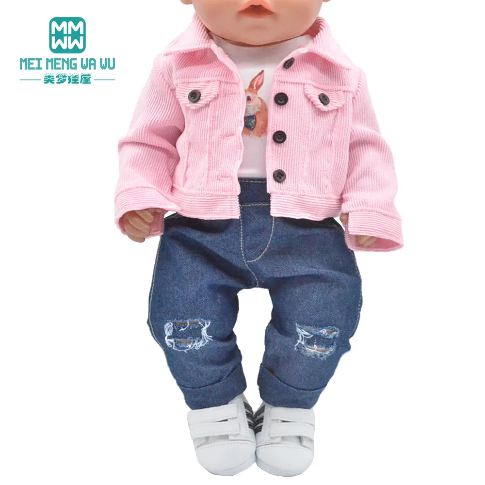 Bonecas roupas para 43cm Brinquedos nascido de novo boneco e boneca Americana Revestimentos de Buraco jeans, T-shirt Menina do presente