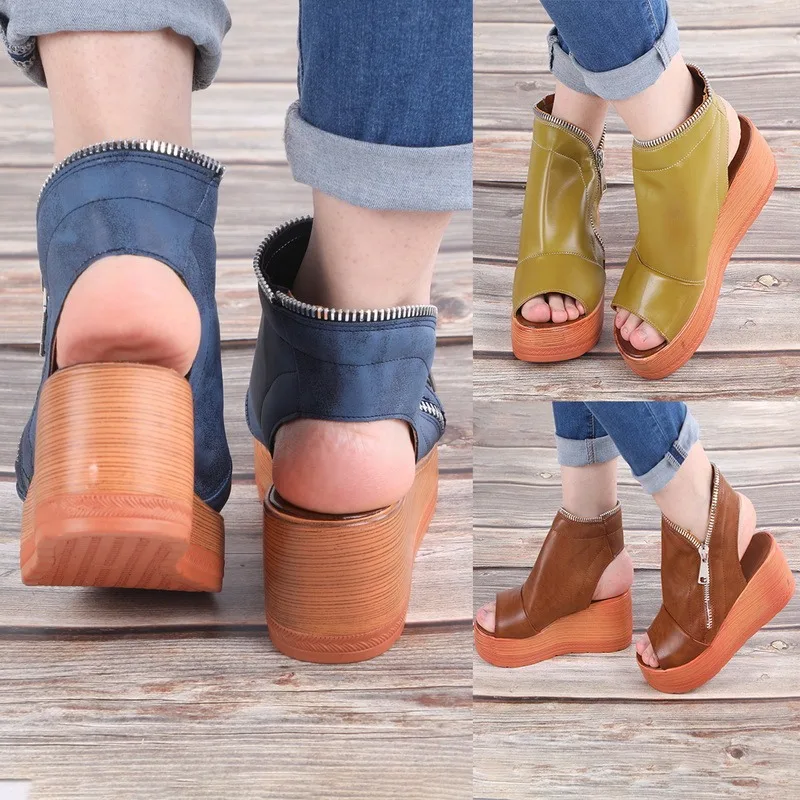 Mulheres de Verão, Sandálias Meados de Saltos Cunhas Senhoras de Sapatos Vintage de Couro do PLUTÔNIO Tamanho Plus Sandalias Peep Toe Zíper Sapatos Femininos 2021