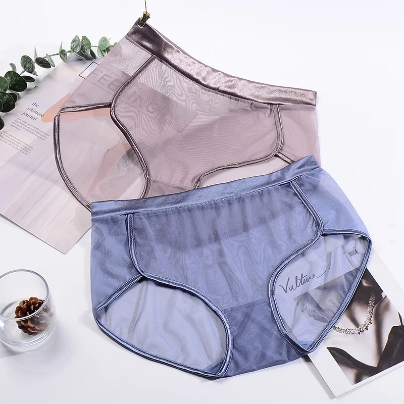 Mulheres de Calcinha de Malha Tamanhos Grandes 2021 Renda Ultra-fino de Malha Transparente Feminino Erótico Underwear Plus Size Cintura Alta Cuecas
