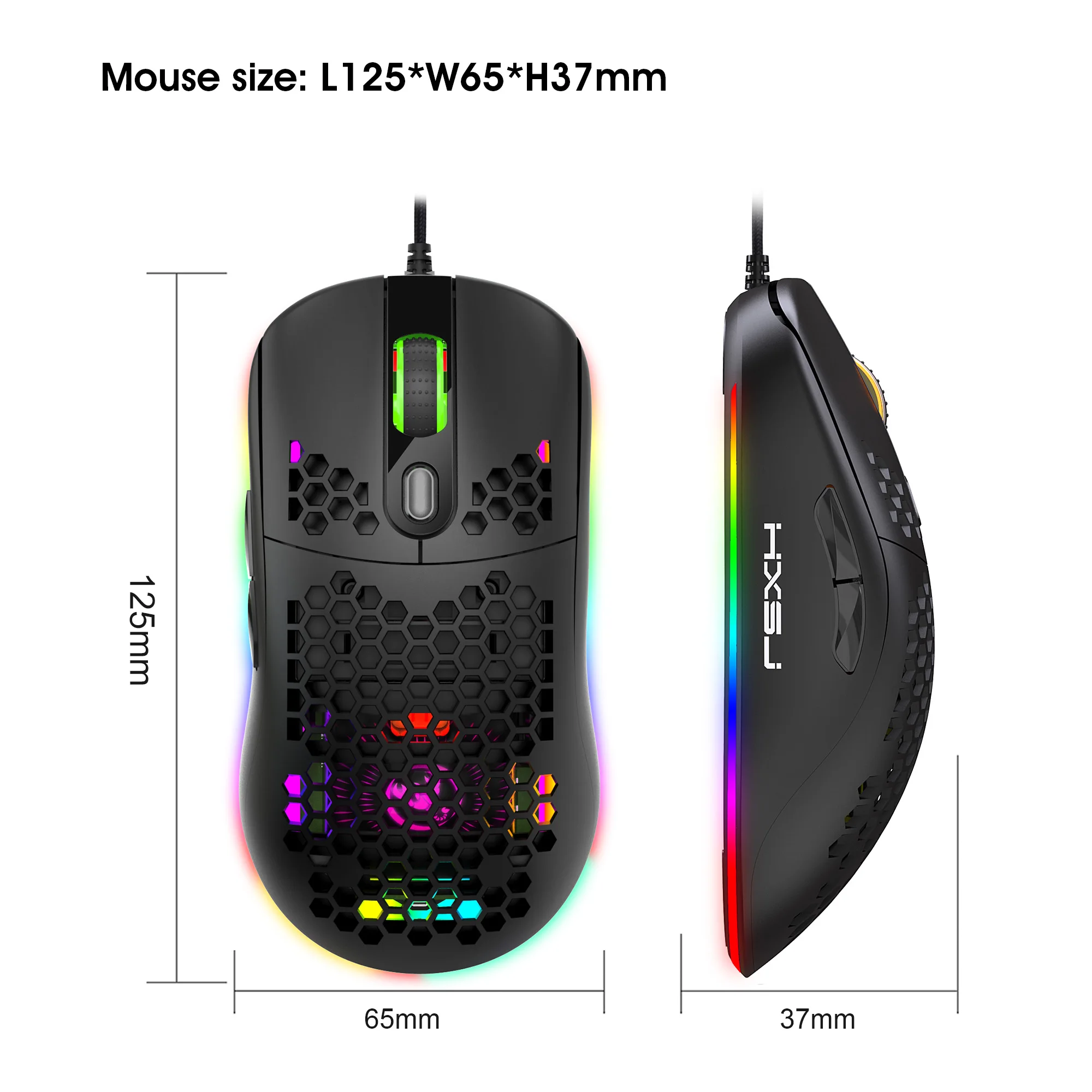 Oco Gaming Mouse Favo de mel Superfície RGB Inferior Ergonômico 6 de Ajuste de Nível de 6400 DPI de 1,5 M com Fio de Jogo de Ratos
