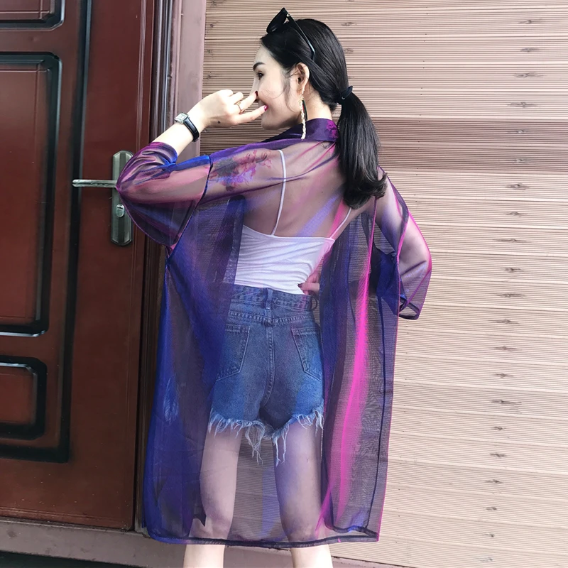 2021 Verão Transparente Casaco De Quimono Cardigan Longo Solta Protetor Solar Jaqueta Mulheres Streetwear Blusão Plus Size