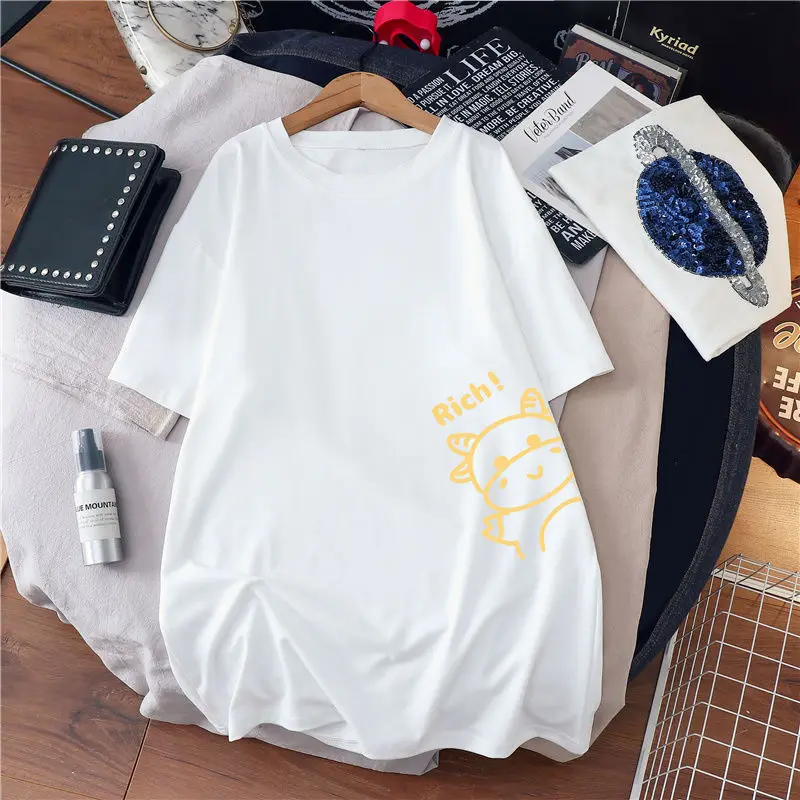 2021 T-shirt Superior T-Shirt das Mulheres Camiseta Solta Sorriso Branco de Manga Curta Meninas Mulher Nova Geração de Goth, Camisa de Kpop Mulheres Camisas