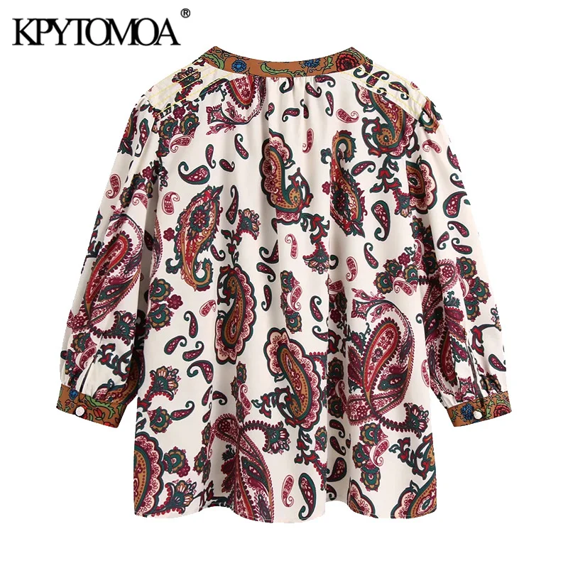 KPYTOMOA Mulheres 2021 Moda Paisley Print Solta Blusas Vintage Decote em V Manga Três Quarto Feminino Camisas, Blusas Chiques Tops