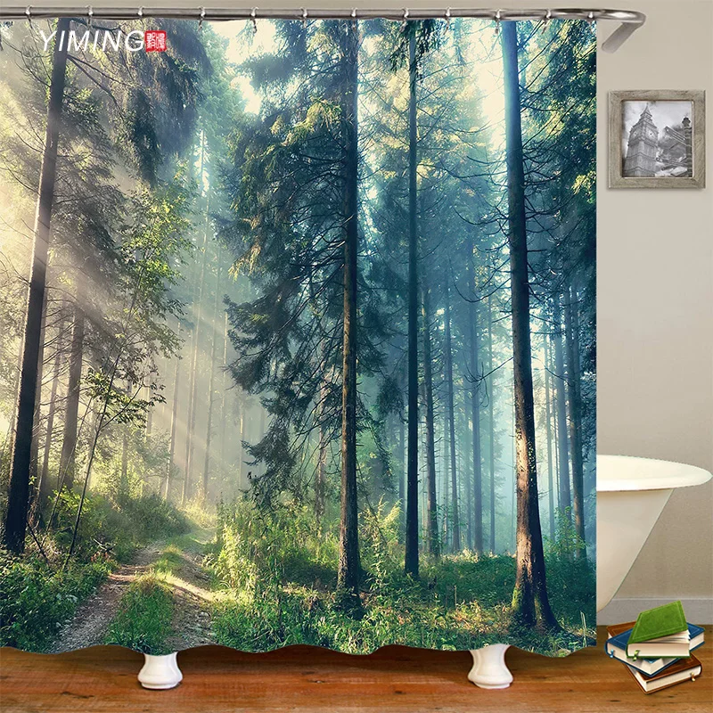 A impressão 3D floresta enevoada casa de banho de chuveiro cortina verde paisagem natural a decoração home cortina com o gancho da cortina
