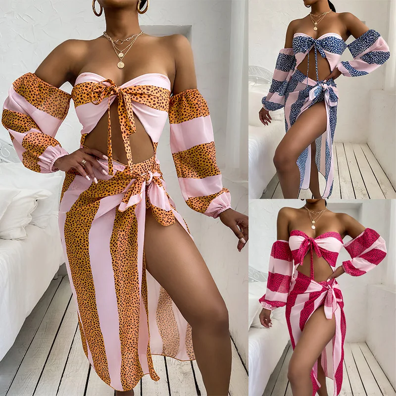 2021 Verão Biquini Maiô com Blusa das Mulheres Impresso Manga Longa trajes de Banho Sexy Leve Véu de Praia Casual Tops de Biquínis