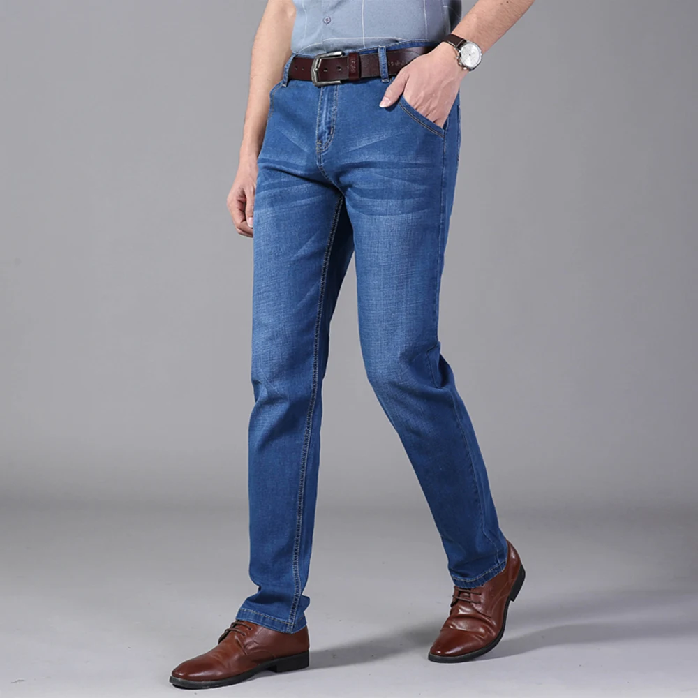 Homens de Conforto Stretch Denim Jeans 2021 Verão dos Homens Novos Reta Fina Jeans Slim Fit Business Casual Calças Jeans Clássico
