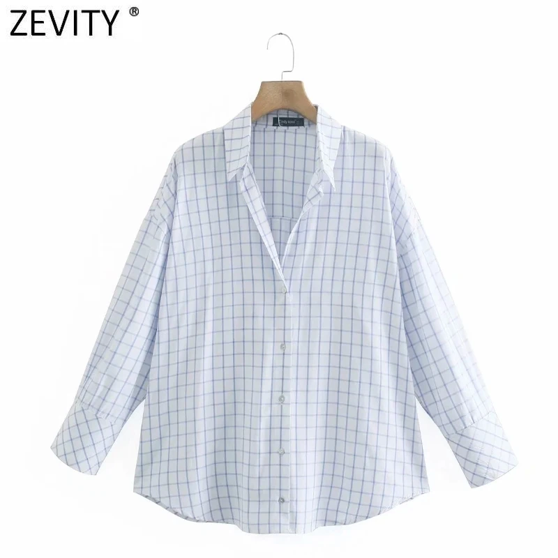 Zevity 2021 Mulheres da Moda estampa Xadrez Casual Soltas, Camisas de Senhora do Escritório de Manga Longa de Negócios Blusa Chique Feminina Blusas, Tops LS9167