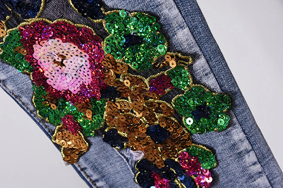 Frete grátis Alta Qualidade calças de Brim das Mulheres Conjunto de 2021 Nova Floral Bordado de Lantejoulas Jaqueta Jeans & Lápis, Calças de Duas peças de Conjunto