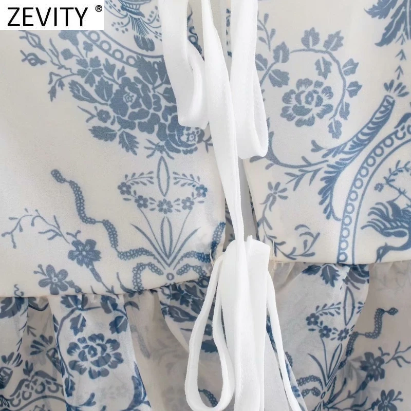 Zevity 2021 Mulheres da Moda estampa Floral Transparente Organza Blusa Feminina Puff Manga Laço Avental Camisa Chique de Verão, Tops LS9230
