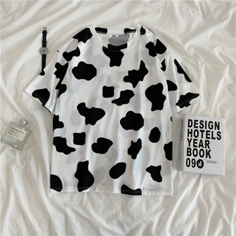 Mulher Camisetas Vaca de Impressão de grandes dimensões Solto e Casual Manga Curta T-shirt de Streetwear Tops Harajuku Vogue Fashion Tees Pulôver