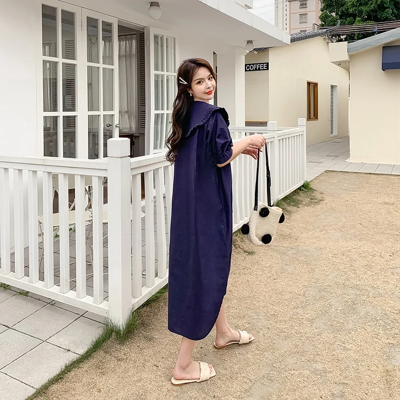NYFS 2021 Novo coreano Solto Mulher Vestido de Vestidos Manto Elbise Moda de Abertura gola de Camisa de Vestido