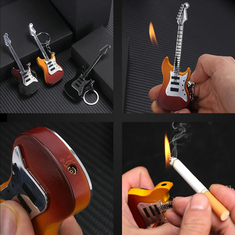 Criativo Guitarra Isqueiro a Gás Mini Bonito Chave de Cadeia Pingente Permeável Inflável Isqueiro Homens de Cigarro de Acessórios Pequenos Presentes