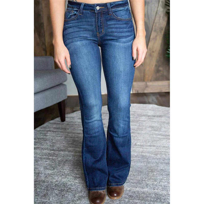 A primavera e o Outono de Mulheres Simples Jeans Stretch Lavado Meados de cintura Tendência Casual Cor Pura Jeans Flare Calças de Senhoras Vestuário WS11