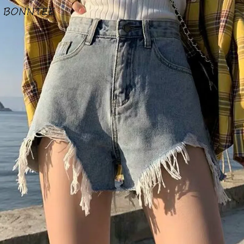 Shorts jeans de Mulheres Estudantes Chique de Verão, Senhora de Todos-jogo Simples e Popular de Cintura Alta Estilo coreano de Lazer Bonito Assimétrico Botão